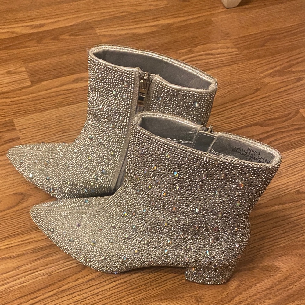 Rhinestone Embellished Silver Ankle Boots with Side Zip